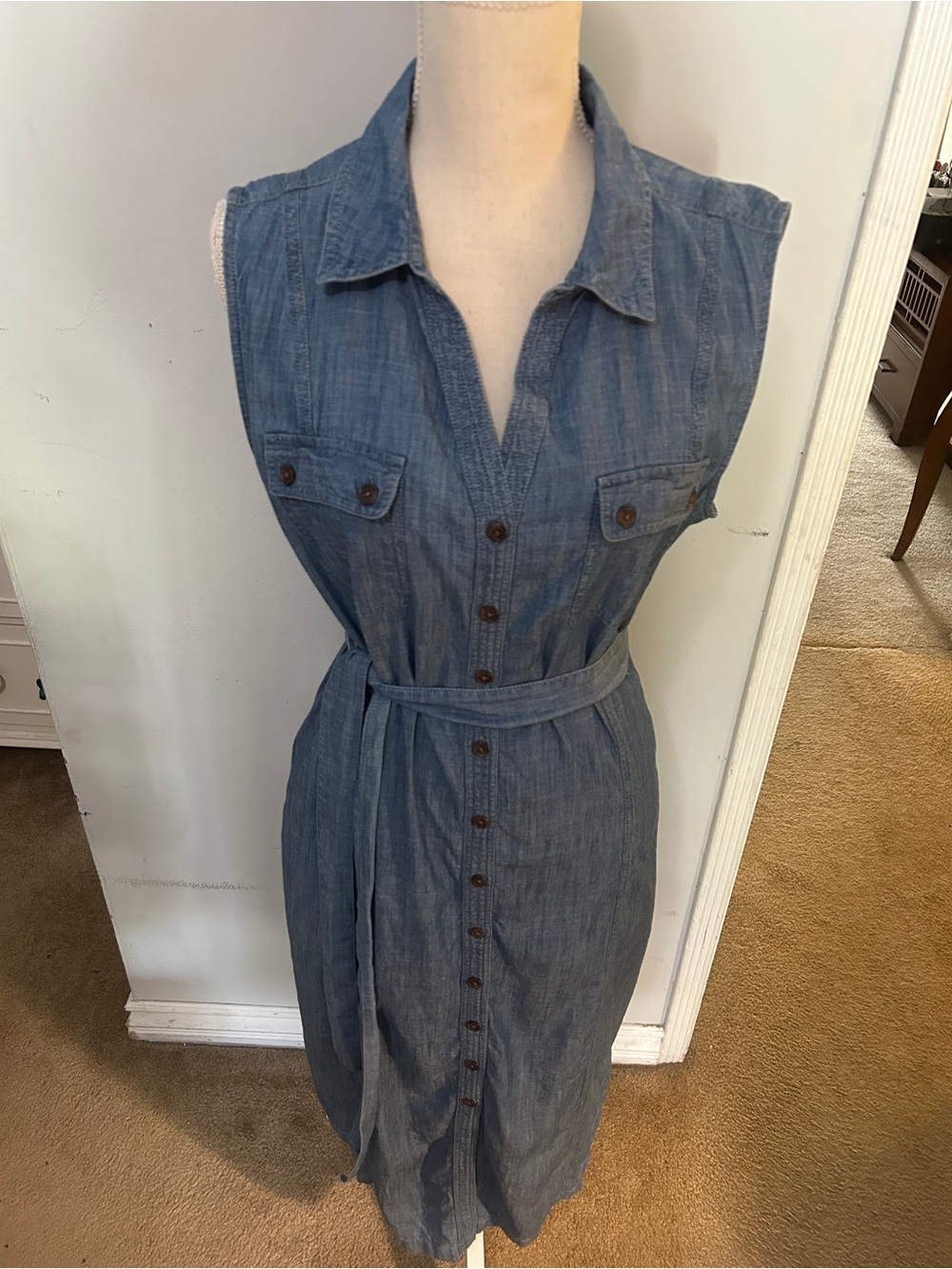 Talbot’s Sleeveless Chambray Button-Front Shirt Dress - Blue